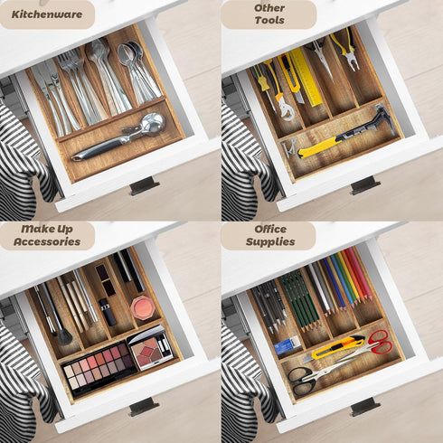 Acacia Wood Silverware Organizer, 5-Compartment Kitchen Utensil Drawer Organizer for Forks & Spoons, Flatware Holder