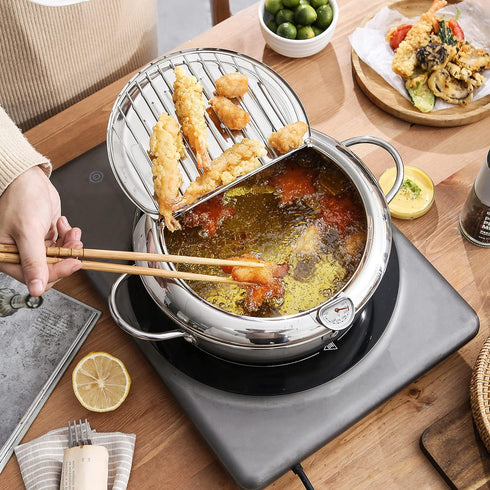 Japanese Tempura Small Deep Fryer Pot with Fahrenheit Thermometer, 304 Stainless Steel for Chips, Fries, Fish