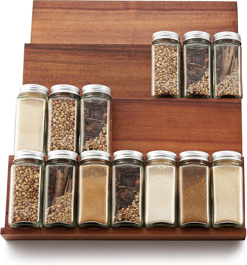 Wood Spice Drawer Organizer - Acacia Wooden Tray for Cabinet Storage, 4 Tier Spice Rack Organizer for 32 Jars (Pack of