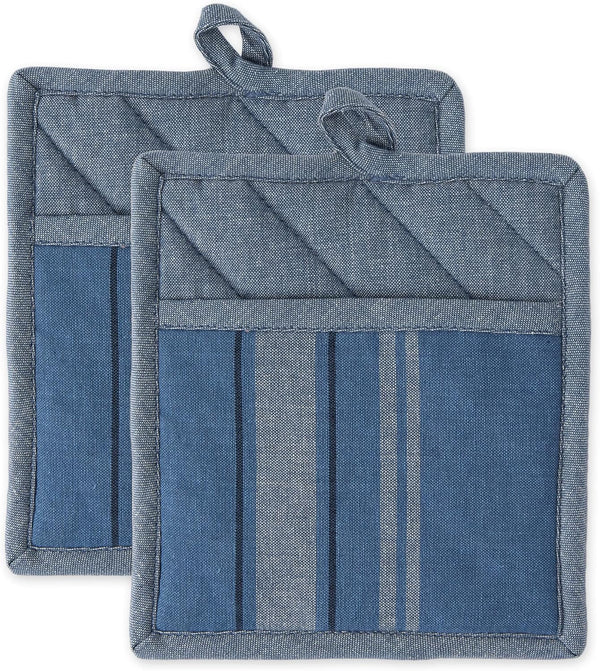 DII French Stripe Kitchen Collection, Potholders, Chambray Blue, 2 Count