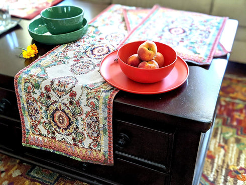 Tache Rococo Elegant Ornate Ivory Colorful Paisley Dining Cotton Linen Tapestry Woven Table Runner 13x90