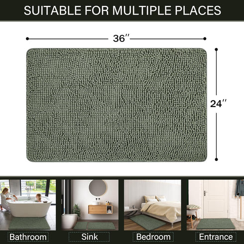 LOCHAS Luxury Shaggy Bathroom Rug 24 x 36 Inch, Washable Non Slip Bath Mat, Soft Plush Chenille Sage Green