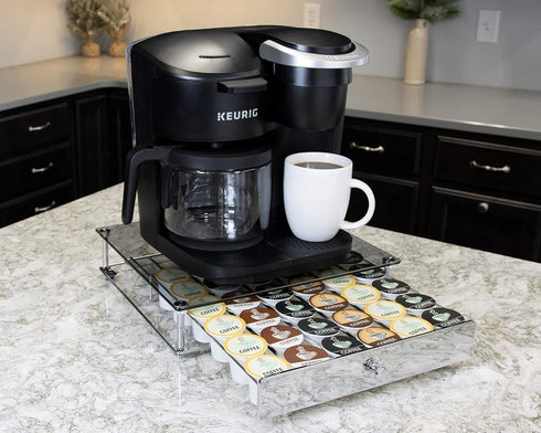 Nifty Rolling Coffee Pod Drawer with Glass Top & Chrome Finish, Compatible with K-Cups, 36 Pod Pack Holder for Kitchen