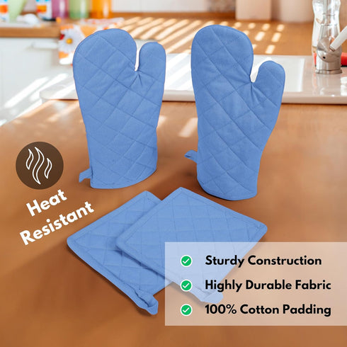 Native Fab 4-Piece Kitchen Pot Holders and Oven Mitts Set - Heat Resistant, Non-Slip, 100% Cotton - Blue