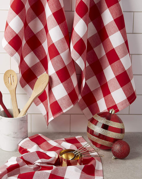 DII Buffalo Check Kitchen Collection, Classic Farmhouse Dishtowel Set, 20x30, Red & White, 3 Piece