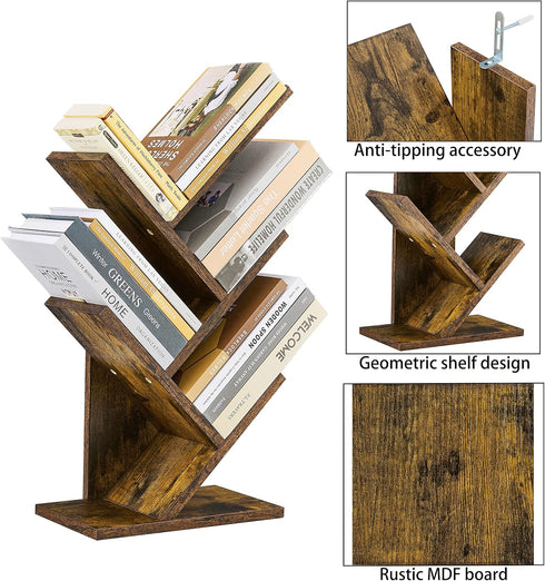 Hoctieon 4 Tier Tree Bookshelf, Free Standing Bookcase, Modern Book Storage Organizer for Home Office