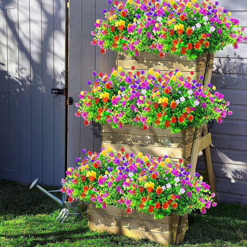12 Bundles Outdoor Artificial Fake Flowers, UV Resistant Rose Eucalyptus Leaf Plants for Home Decor