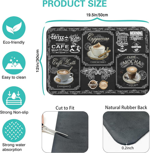 Fun Coffee Mat 19inx12in - Absorbent Anti-Slip Coffee Bar Mat for Countertops, Dish Drying Mats for Kitchen