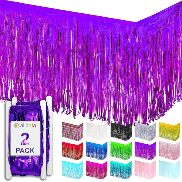 Allgala 2-Pack Purple Tinsel Table Skirt, 29x108 Inch Metallic Foil Fringe for Party Event, Parade Float