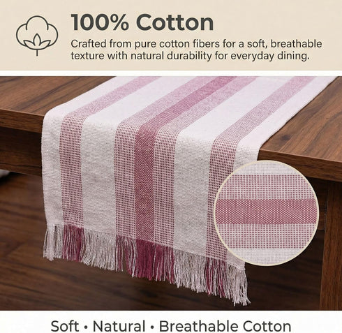 72 Inch Rosey Red Striped Table Runner Long for Dining Table, Console Tables , Entryway Decor - Natural Cotton Tassle /