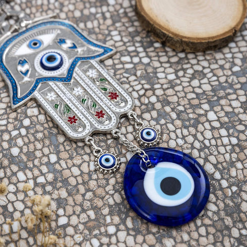 Turkish Blue Hamsa Hand of Mother Fatima Evil Eye Wall Hanging Ornament, Good Luck Charm