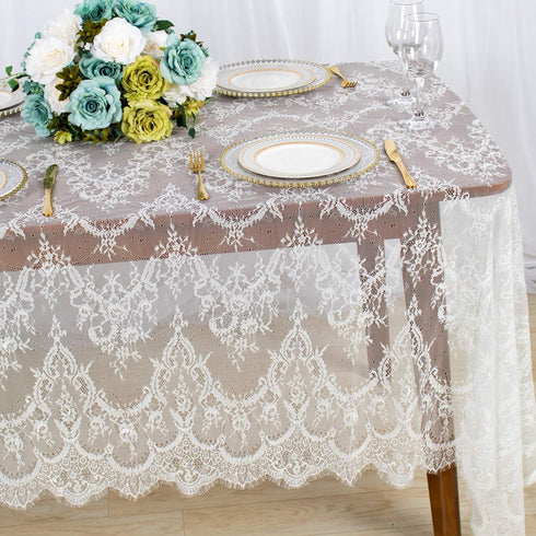 ShinyBeauty Lace Tablecloth Rectangular 60x120-Inch White Overlay for Tea Table, Floral Embroidery Lace