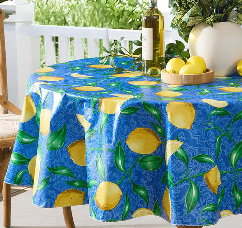 Newbridge Round Vinyl Tablecloth, 70 Inch, Mediterranean Zest Vinyl Flannel Backed Table Cloth with Lemon Print