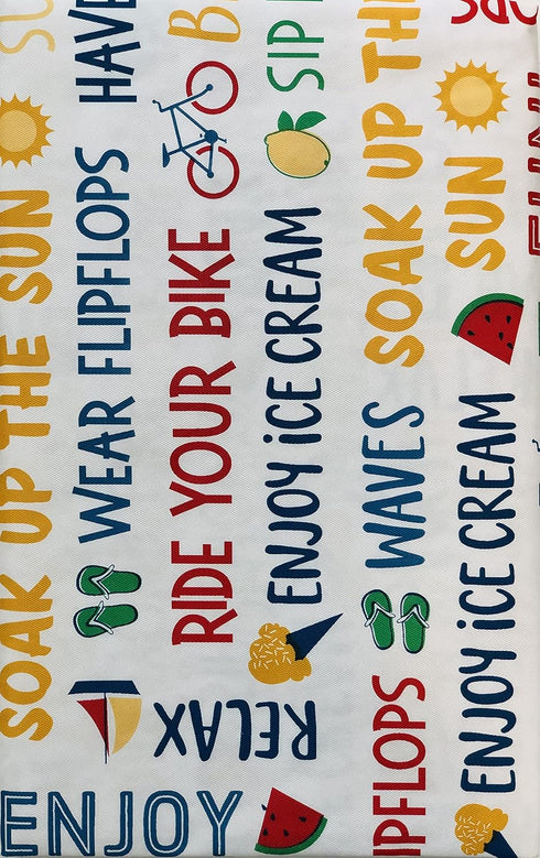 Generic Fun Summer Sayings & Symbols on White Vinyl Tablecloth, 60inch Round in White, Blue, Red, Yellow, Green