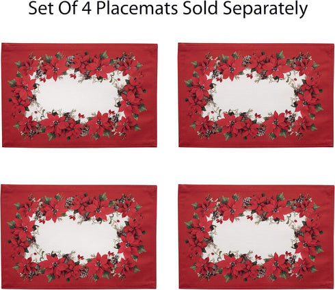 Newbridge Christmas Blooming Poinsettia’s Double Bordered 70 Inch Long Table Runner, Holiday Red and White Poinsettia
