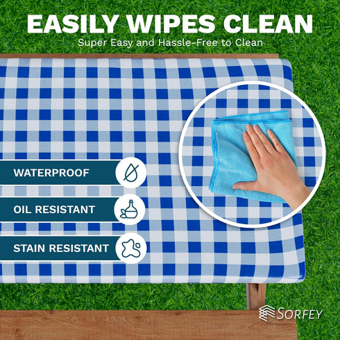 Sorfey Vinyl Picnic Table Fitted Tablecloth Cover, Checkered Design, 28 x 72 Inch, Blue
