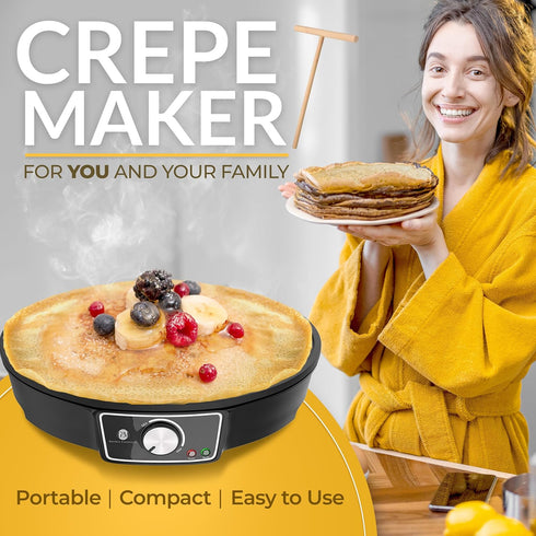 Crepe Maker Machine - Nonstick 12” Electric Griddle for Pancakes, Roti, Tortilla, Portable, Compact