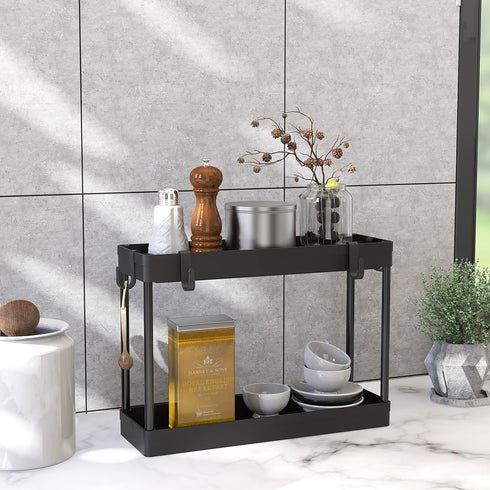 Simple Houseware 2-Tier Under Sink Organizer Storage Tray with Hooks, Black