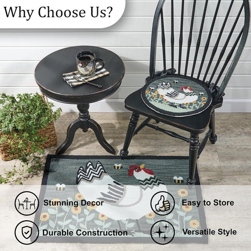 Park Designs My Little White Hen Hooked Chair Pad, Woven Farmhouse Style Seat Cover, Garden Farm Animal Print Seat
