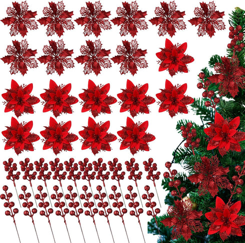 60 Pcs Silver 6 Styles Christmas Artificial Poinsettia Flowers with Glitter Berries