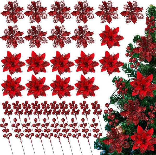 60 Pcs Silver 6 Styles Christmas Artificial Poinsettia Flowers with Glitter Berries