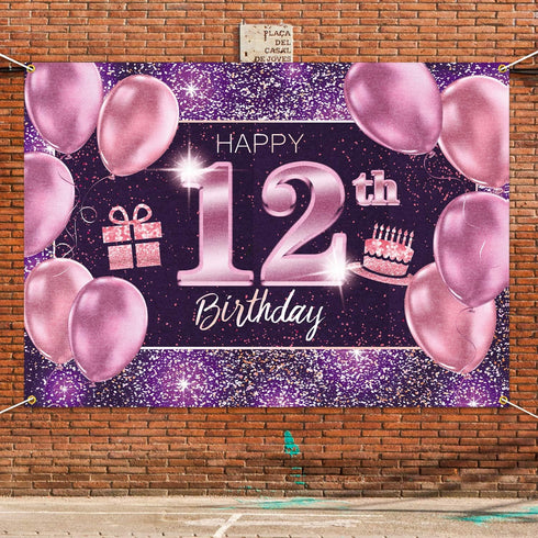 Happy 12th Birthday Banner Backdrop - 12 Party Decorations Supplies for Girl - Pink Purple Gold 4 x 6ft