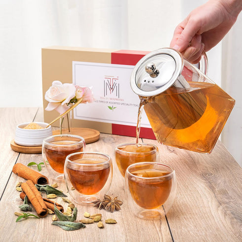 Mixpresso 5 Piece Glass Tea Pot Set - Kettle with Removable Infuser, Clear Teapot 33oz with 4 Double Wall Cups