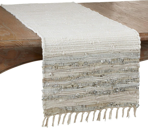 SARO LIFESTYLE Les Fêtes Collection Striped Leather Chindi Table Runner, 16" x 72", Silver