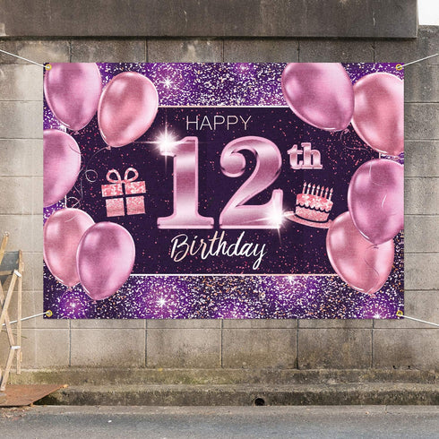Happy 12th Birthday Banner Backdrop - 12 Party Decorations Supplies for Girl - Pink Purple Gold 4 x 6ft