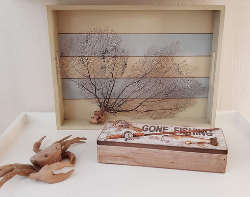 Tumbler Home Gone Fishing Wood Box - Rustic Keepsake Box for Coins, Keys, Wallet - Gift for Fisherman, Dad, Son, Grandpa