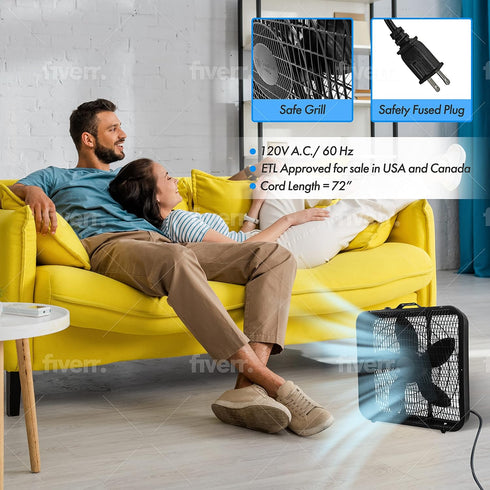 Comfort Zone 20 Inch Box Fan - 3 Speed Full-Force Air Circulation with Carry Handle, Ideal for Home