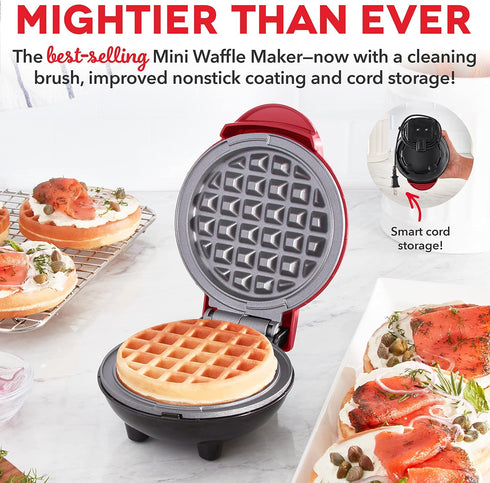DASH Deluxe Mini Maker for Individual Waffles, Hash Browns, Keto Chaffles with Included Brush and Cord Wrap, and Easy to Clean Non-Stick Surfaces, 4 Inch, Apple Red by DASH