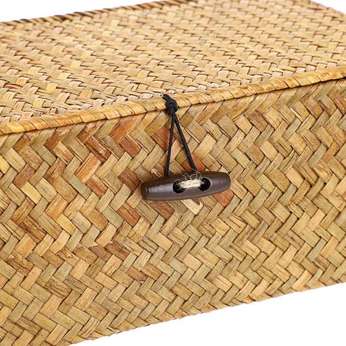Hipiwe Wicker Shelf Baskets Bin with Lid, Handwoven Seagrass Storage Bins for Shelf, Wardrobe, Home Organizer, Small