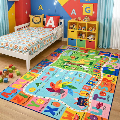 4x6 Maxsoft Kids Area Rugs for Playroom, Educational TPR Non Slip Play Mat for Classroom Bedroom, Washable Learning