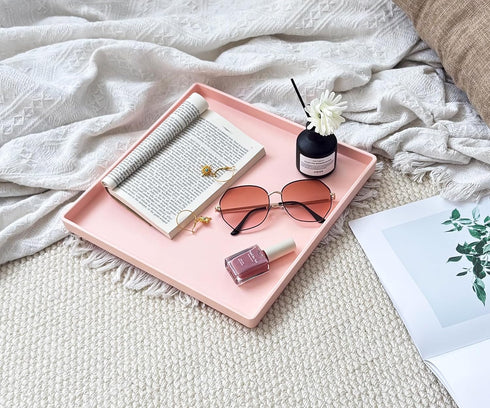 11 Inch Countertop, Pink Square Tray - Decorative Organizer Tray for Vanity, Bathroom Coffee Table & Ottoman |