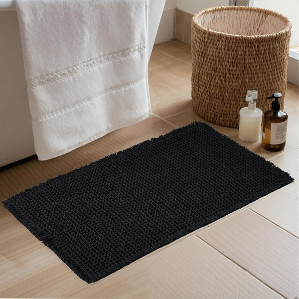 KGORGE Black Waffle Bath Mat, 17" X 24" Non Slip Ultra Soft Rug for Bathroom Decor, Boho Super Absorbent with Tassels