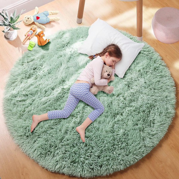 Sage Green Round Rugs for Boys Bedroom,Shaggy Circle Rug 5Ft for Kids