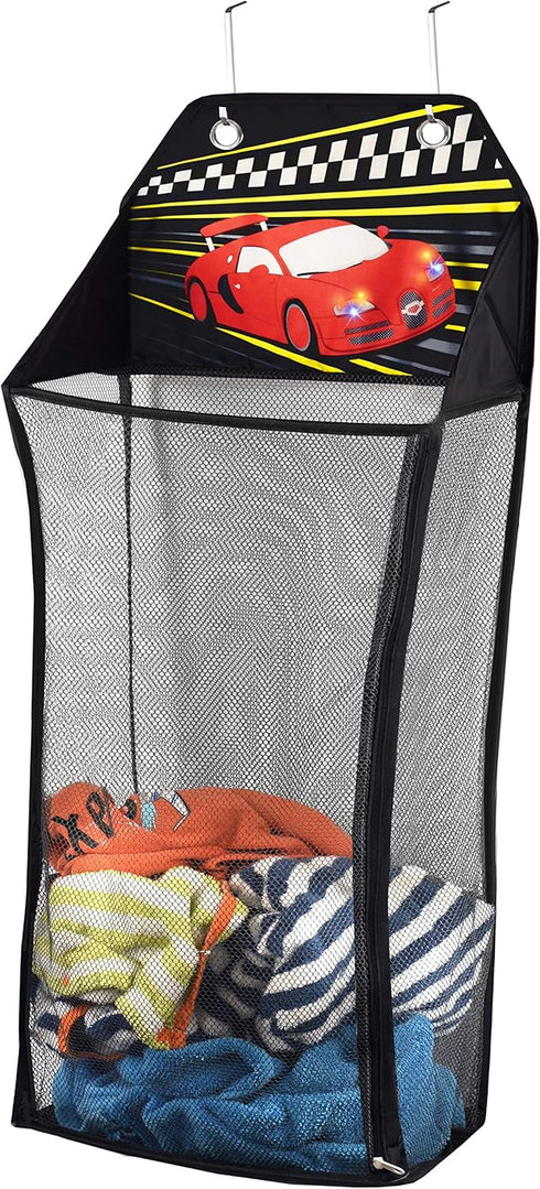 Store&Score Over The Door Hanging Kids LED Race Car Light-Up Laundry Hamper, Toy Chest, Metal Hooks