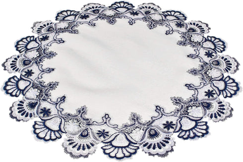 White Navy Blue Jacquard Peacock Tail Lace Doily - 23 inch Round Placemat & Table Centerpiece