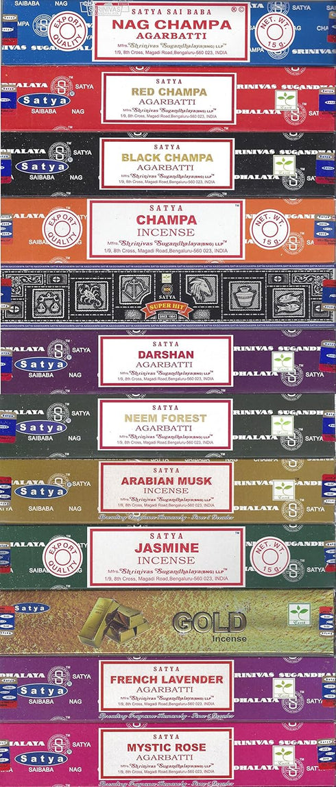 Satya Bangalore (BNG) Set of 12 Incense Sticks, Variety Pack: Nag Champa, Red Champa, Black Champa, and More