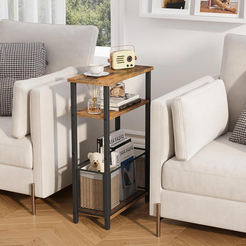 MMEOLUOOK 3 MLBZ22RB Narrow Side Table with Storage Basket Skinny End Tables for Smalls Spaces Tier Sofa Table Small
