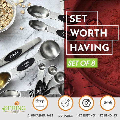 Spring Chef Stainless Steel Magnetic Measuring Spoons Set with Strong N45 Magnets, Heavy Duty Kitchen Gadgets, Set of 8