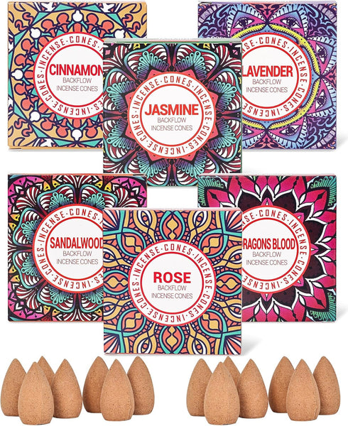 Backflow Incense Cones, Set of 6 Natural Scents for Purification, Relaxation, Yoga, Meditation