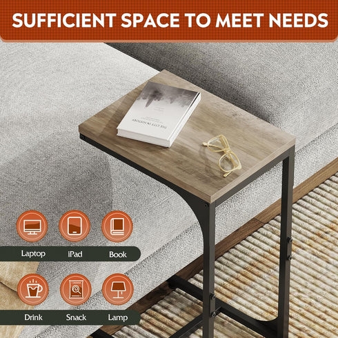 Compact Greige C Shaped End Table with Metal Frame for Living Room & Bedroom