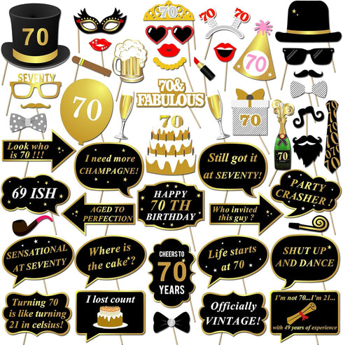 Konsait 70th Birthday Party Photo Booth Props (50 Counts) Black and Gold Decorations for Him Her