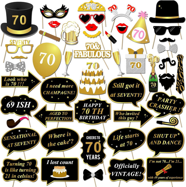 Konsait 70th Birthday Party Photo Booth Props (50 Counts) Black and Gold Decorations for Him Her