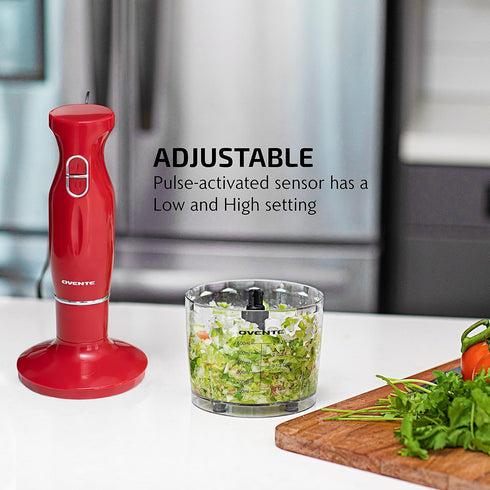 OVENTE Immersion Electric Hand Blender, 300 Watt Power with Stainless Steel Blades, Includes Whisk and Chopper, Red