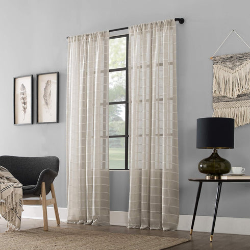 Clean Window Twill Stripe Anti-Dust Sheer Curtain Panel - 52" x 63", Allergy/Pet Friendly, White/Linen