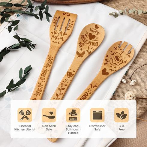 Premium Bamboo Wooden Spoons for Cooking, Ideal Gifts for Mom from Daughter - Wooden Cooking Utensils