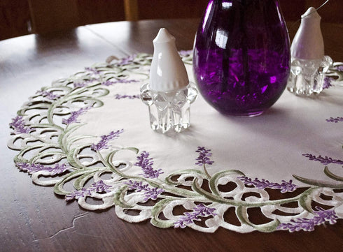 Linens, Art and Things Embroidered Purple Lavender Lilac on Ivory Large Doily, 24 Inch Round